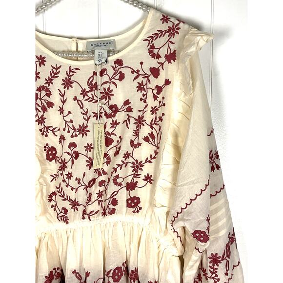 Calypso St Barth NWT Cream Embroidered Ruffle Keyhole Closure Blouse Size Large - Picture 2 of 7